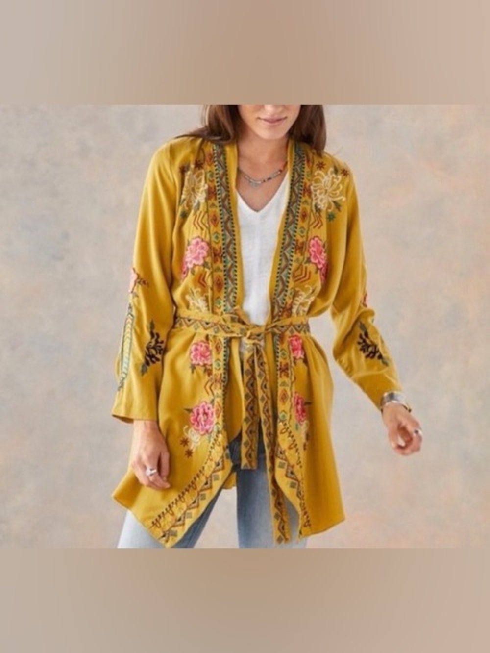 DRIFTWOOD Embroidered Tie-Waist Kimono Cardigan